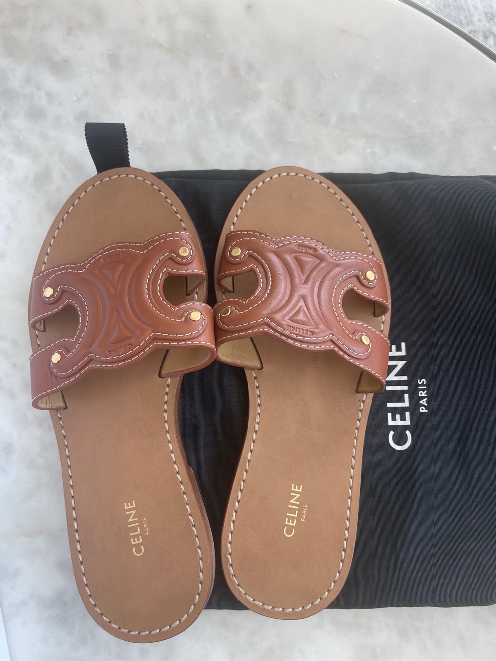 Celine Tan Brown Leather Slide Sandals with Signature Logo
